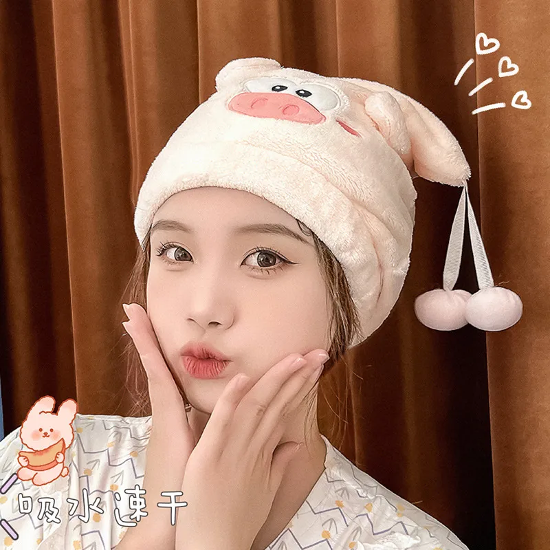Cute Cartoon Pig Quick-Dry Hair Towel Wrap – Super Absorbent Extra Thick Bath Turban, Trendy Easy Pull-On Drying Cap for Women and Kids, Soft Coral Fleece Towel Cap for After-Shower Use